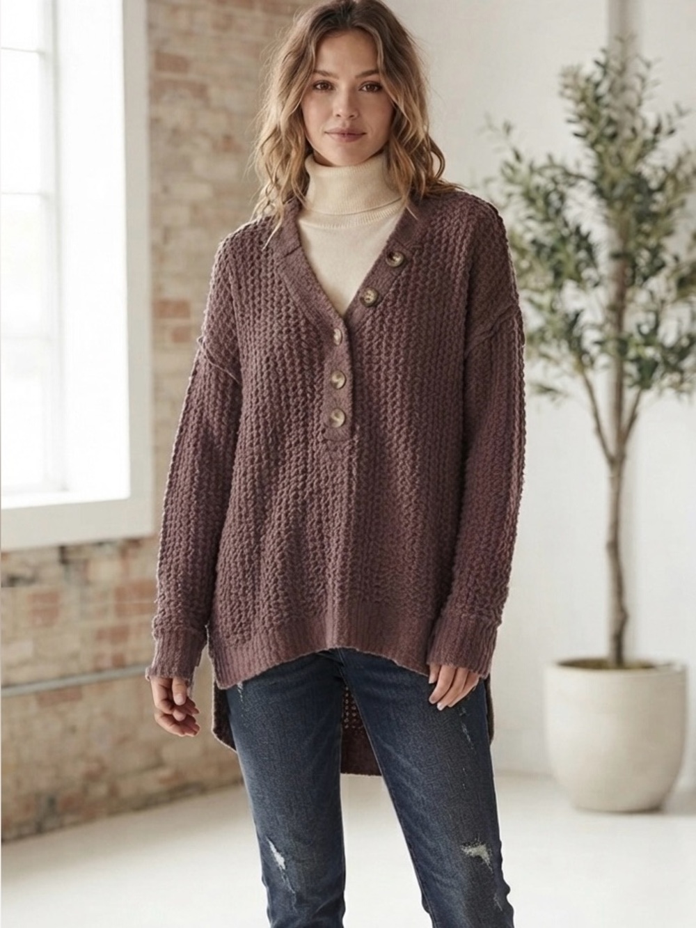 NWT❤️Free People Whistle Thermal Henley Brownstone Sweater szS